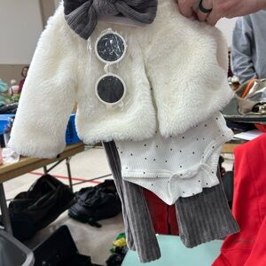 White Faux Fur Baby Jacket with Gray Accessories